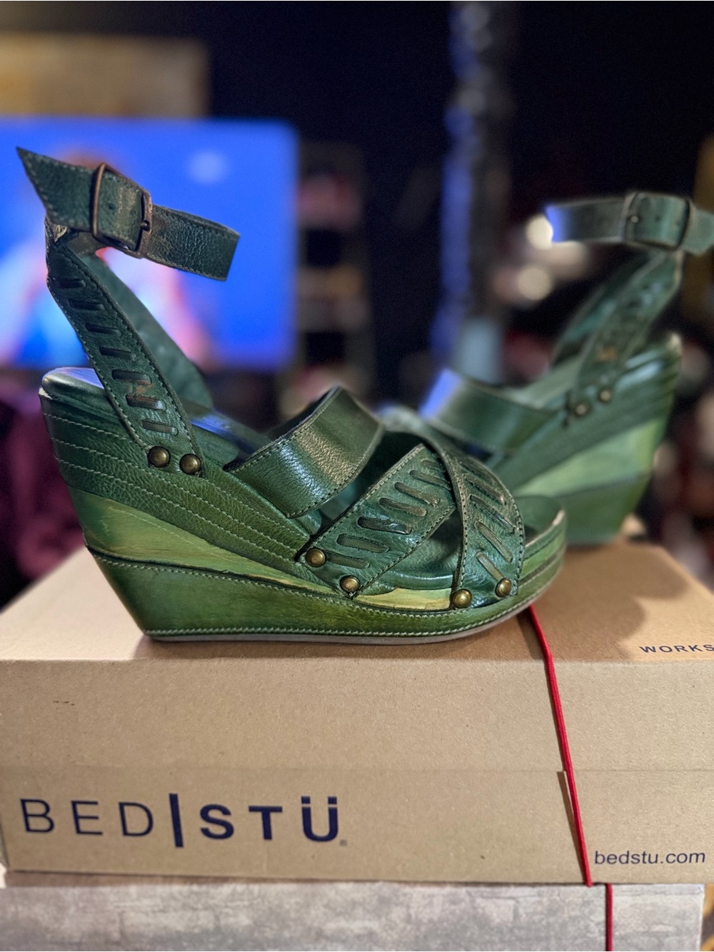 BED|STU KAPHIE in Mint- Leather Wedge Sandals with Ankle Strap